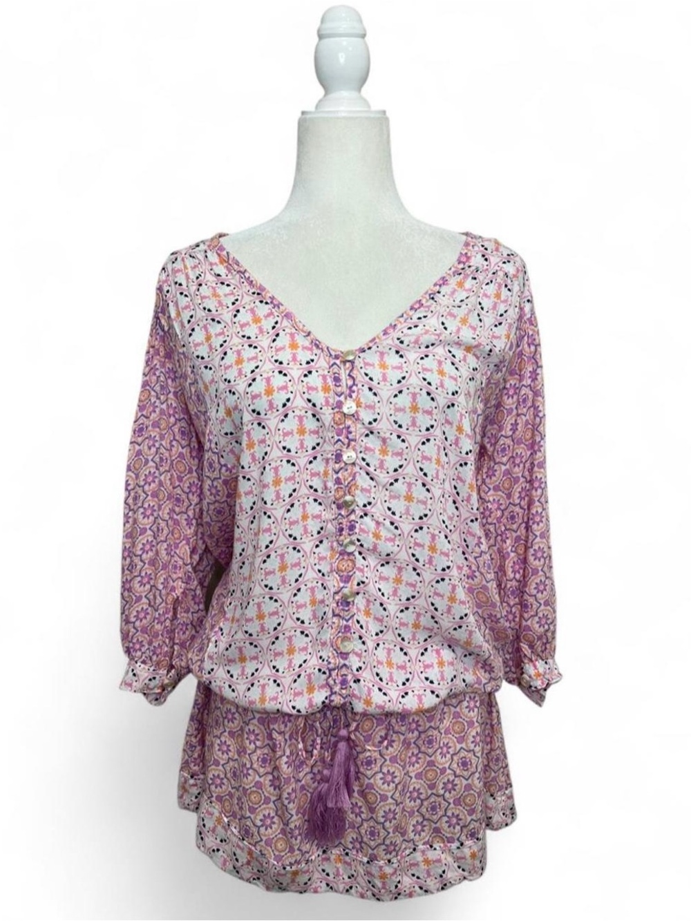 Tiare Hawaii tropical pink button up mini dress cover up/ tunic top.